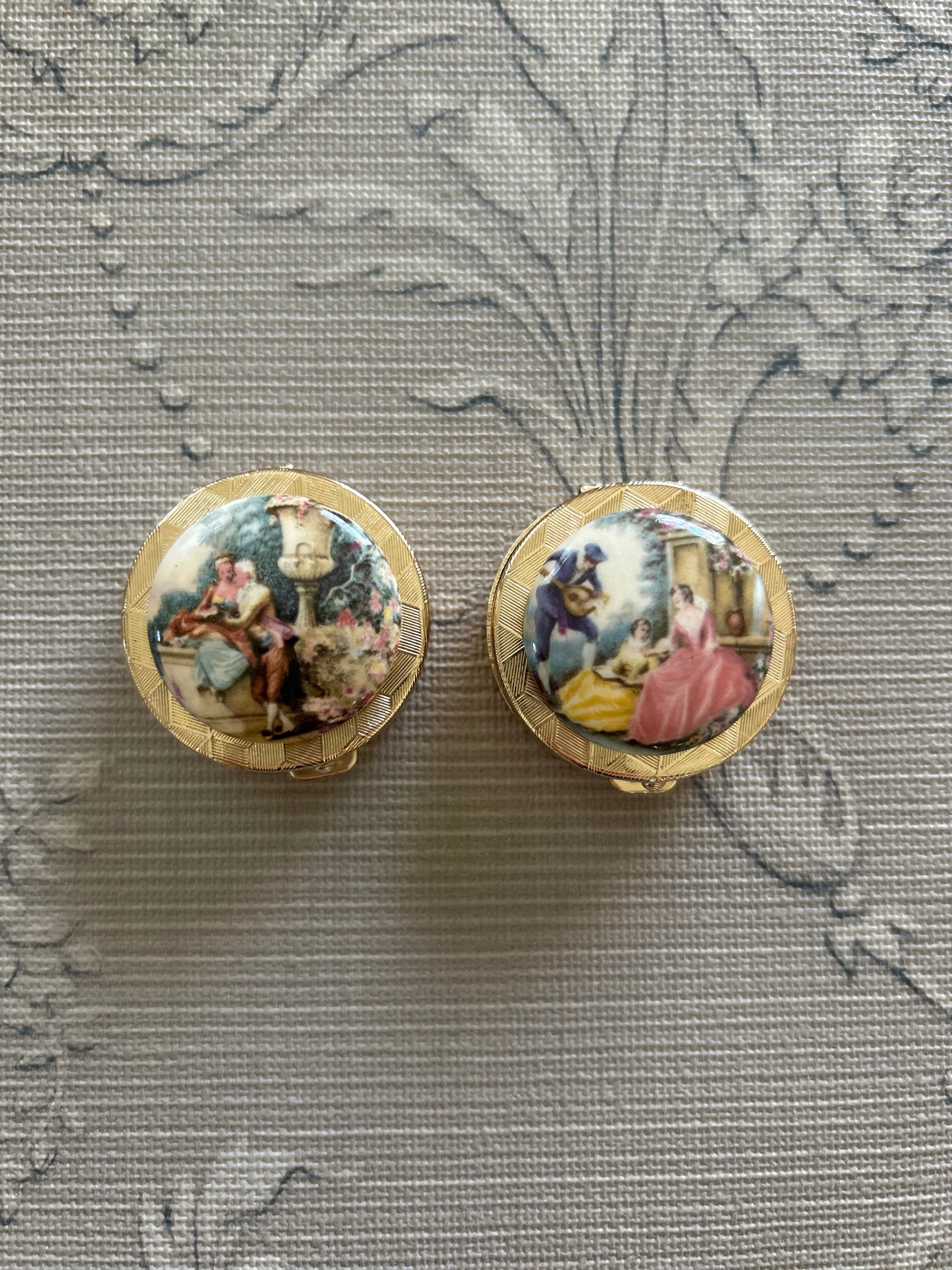 Japanese Vintage デッドストック 西洋画柄の小物入れとメガネチェーン シルバー/ゴールド 丸型 ディスプレイ インテリア