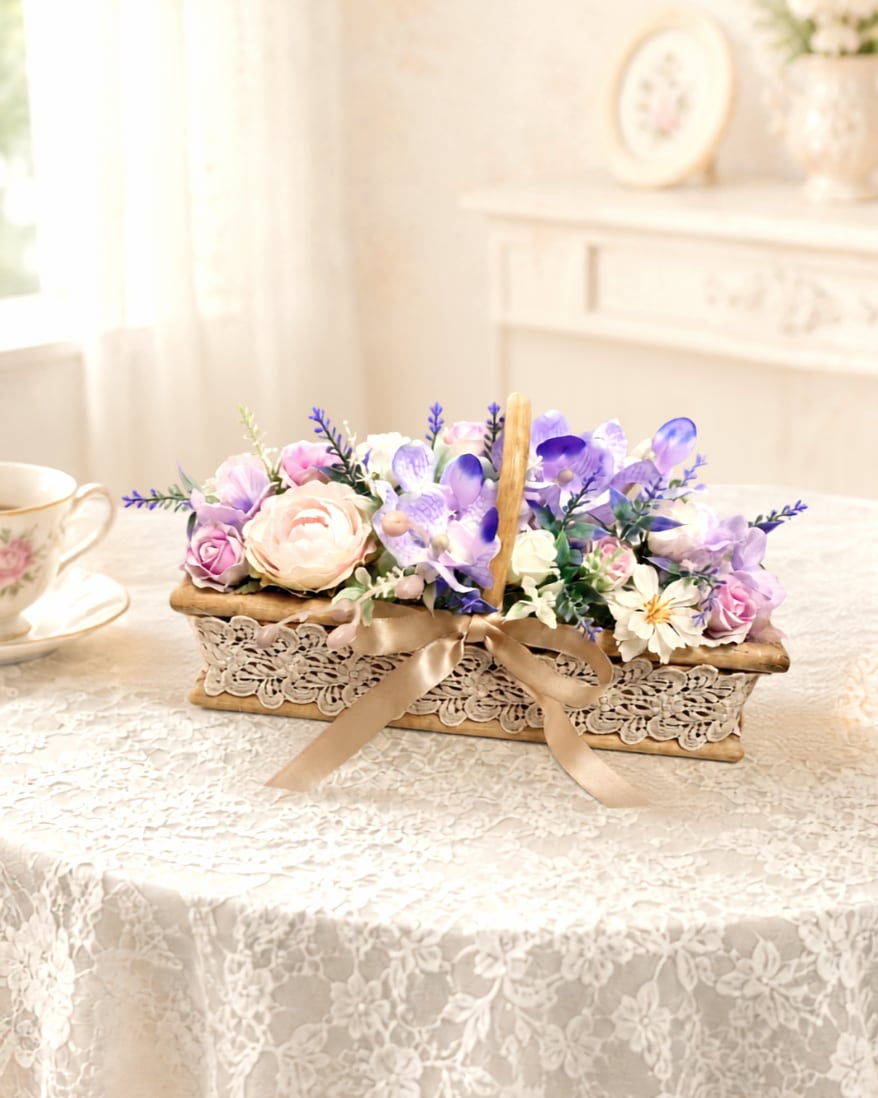 フラワーアレンジ【AR-004】ラベンダーの花かごアレンジ｜アーティフィシャルフラワー｜インテリアギフトフラワー｜卓上アレンジ｜プレゼント｜リビング飾り｜横幅約25㎝