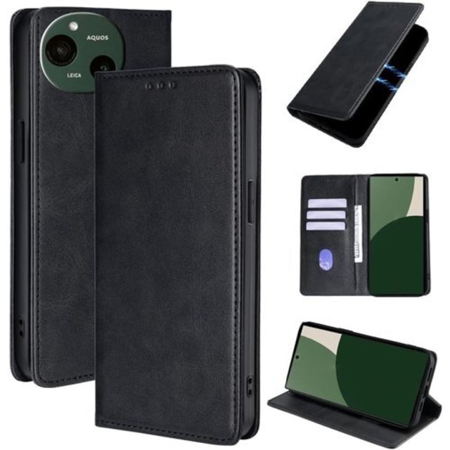 シャープ AQUOS R9 ケース 手帳型 アクオスr9 財布型 カバー カードポケット付き SUGOIDAN 携帯ケース カード レザー スタンド機能 ストラップホール付き ブラック 2537
