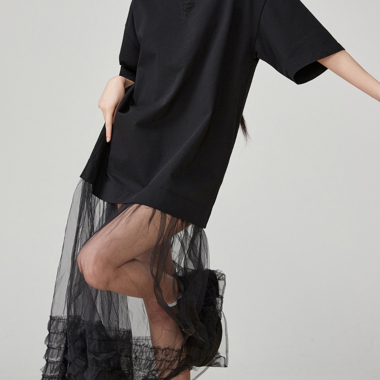 Black Patchwork Mesh T-Shirt Dress (ME349)