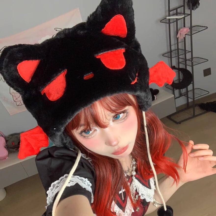 ゴスロリ猫耳帽子付き セミロリ ねこ耳 帽子 黒猫 デビルキャット かわいい コスプレ 衣装