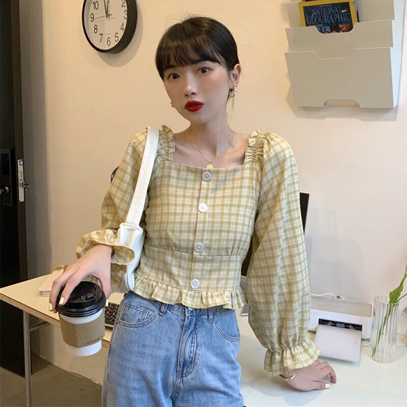 格子柄シャツ スプリングスリム薄手カラートップス ロング 春物 スクウェア 萌量不足2018998639