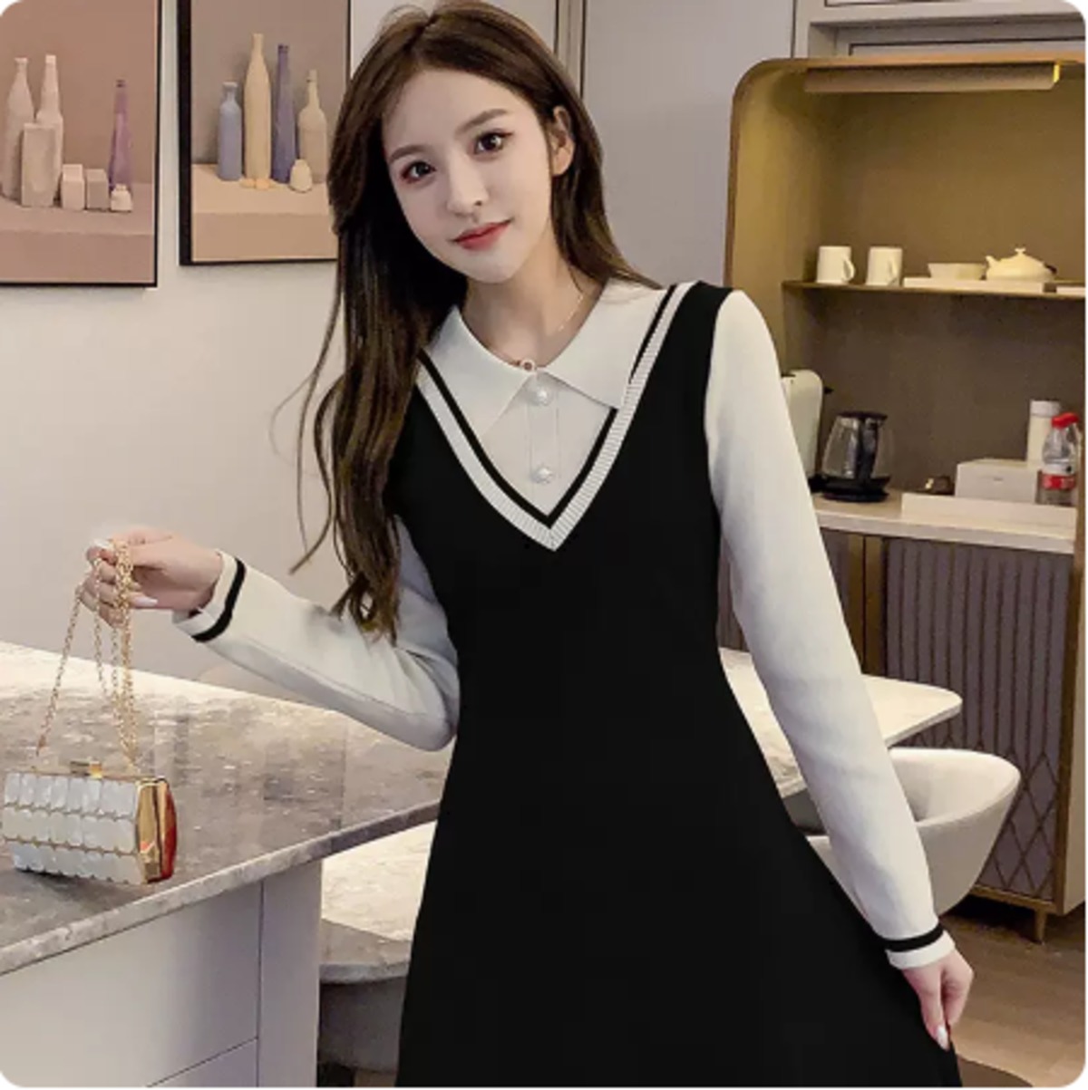 学生風 プレッピー ニットワンピース ワンピース ミニ ミニ丈 膝上 袖あり 長袖 襟付き Aライン 切り替えデザイン ドッキング リブ リブニット 編み込み ニット かわいい きれいめ シンプル カジュアル 上品 おしゃれ こなれ感 ラブリー キュート ガーリー 個性的 主役級 学生風 プレッピー ニットワンピース ワンピース ミニ ミニ丈 膝上 袖