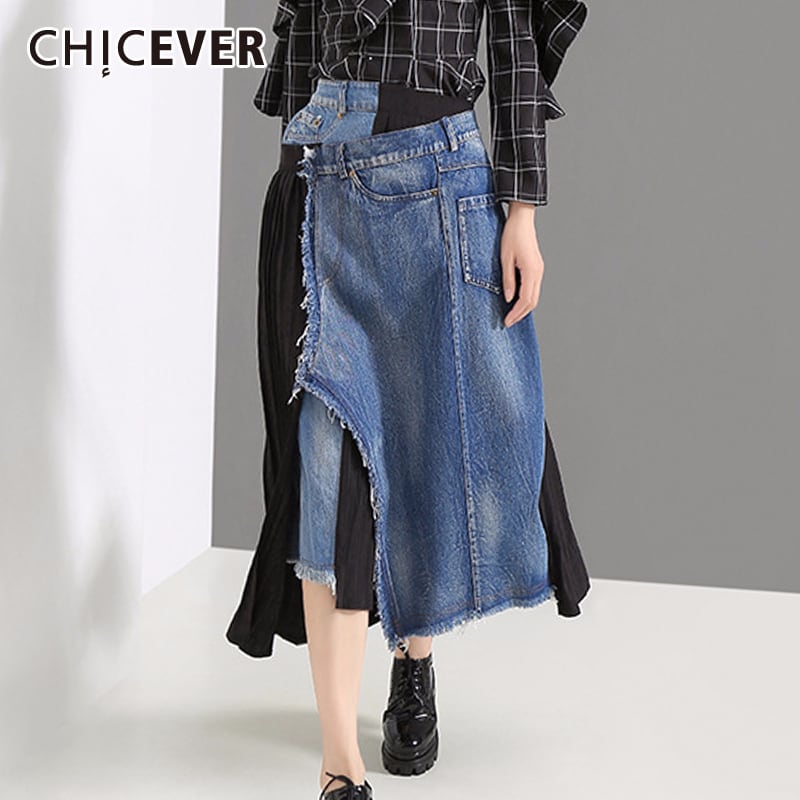 CHICEVERアシンメトリーパッチワークデニムレディーススカートウエストイレギュラーヘムプリーツスカート2020 6base519108085064