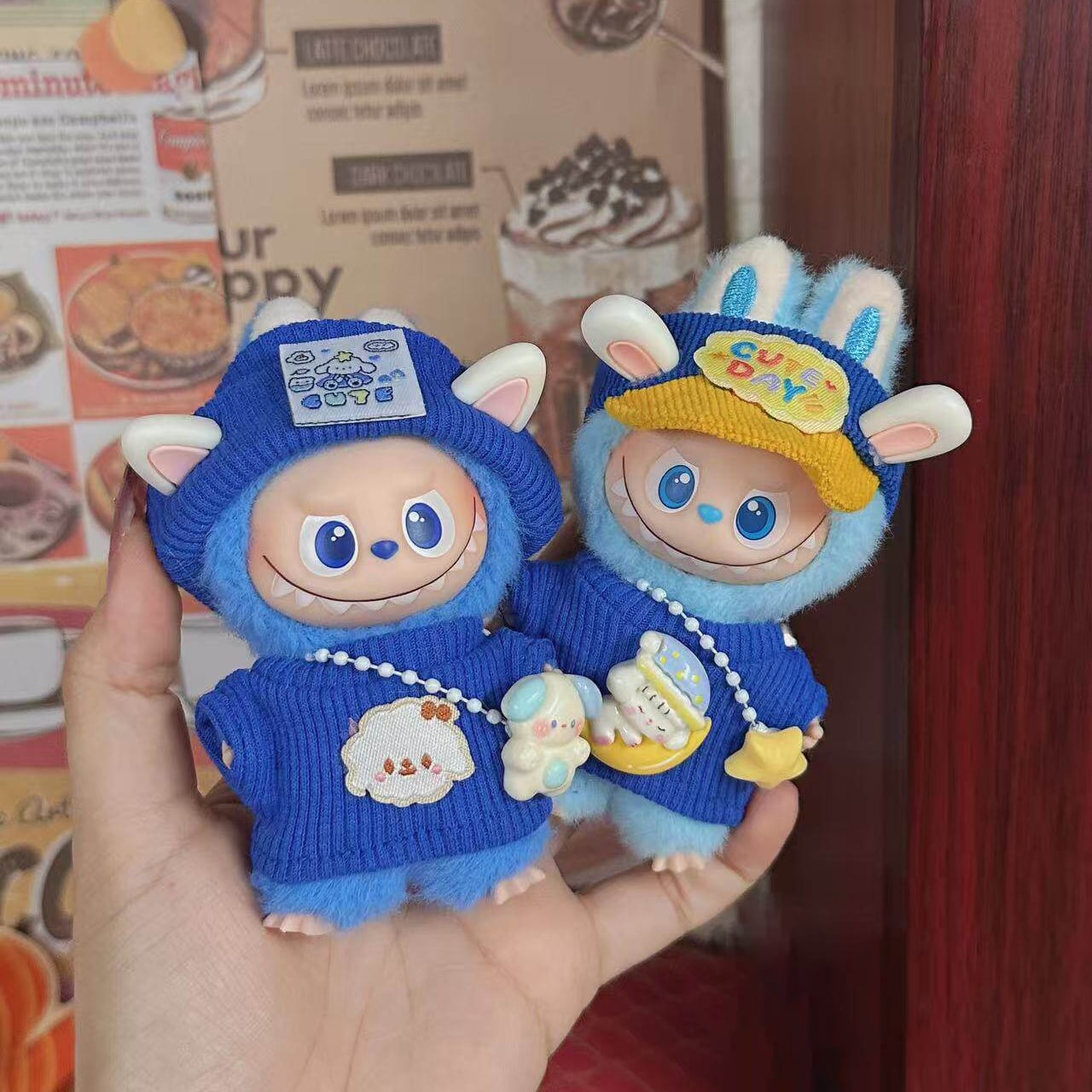 萌え萌え!10cm Labubu 4.0 専用 可愛い ニットブルーコーデ 3点セット キュート ハイクオリティ