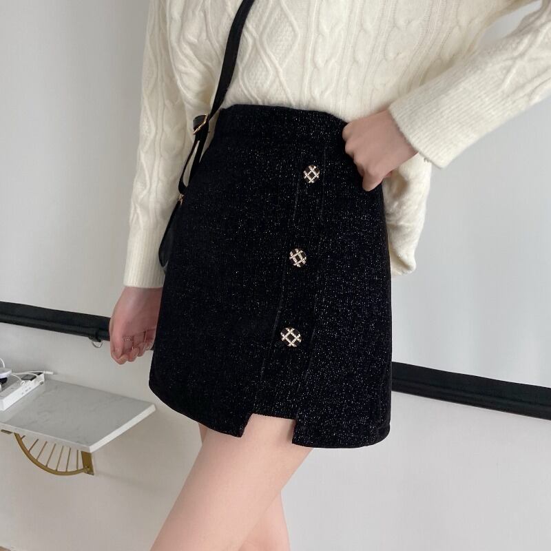 オータムウィンターハイウェストウェストスリムバックルスタイルブラックAラインスカート レディース 秋物 冬物 YY-ファッション42004603240