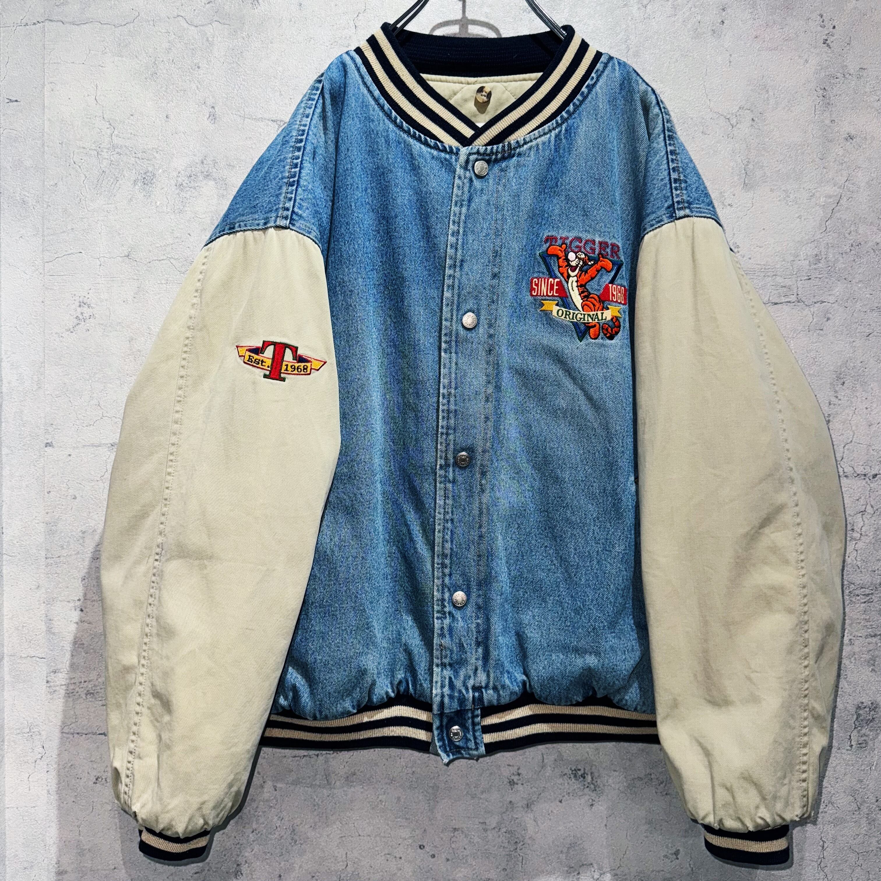 90's”Disney”TIGGER embroidery design denim varsity jacket | ayne