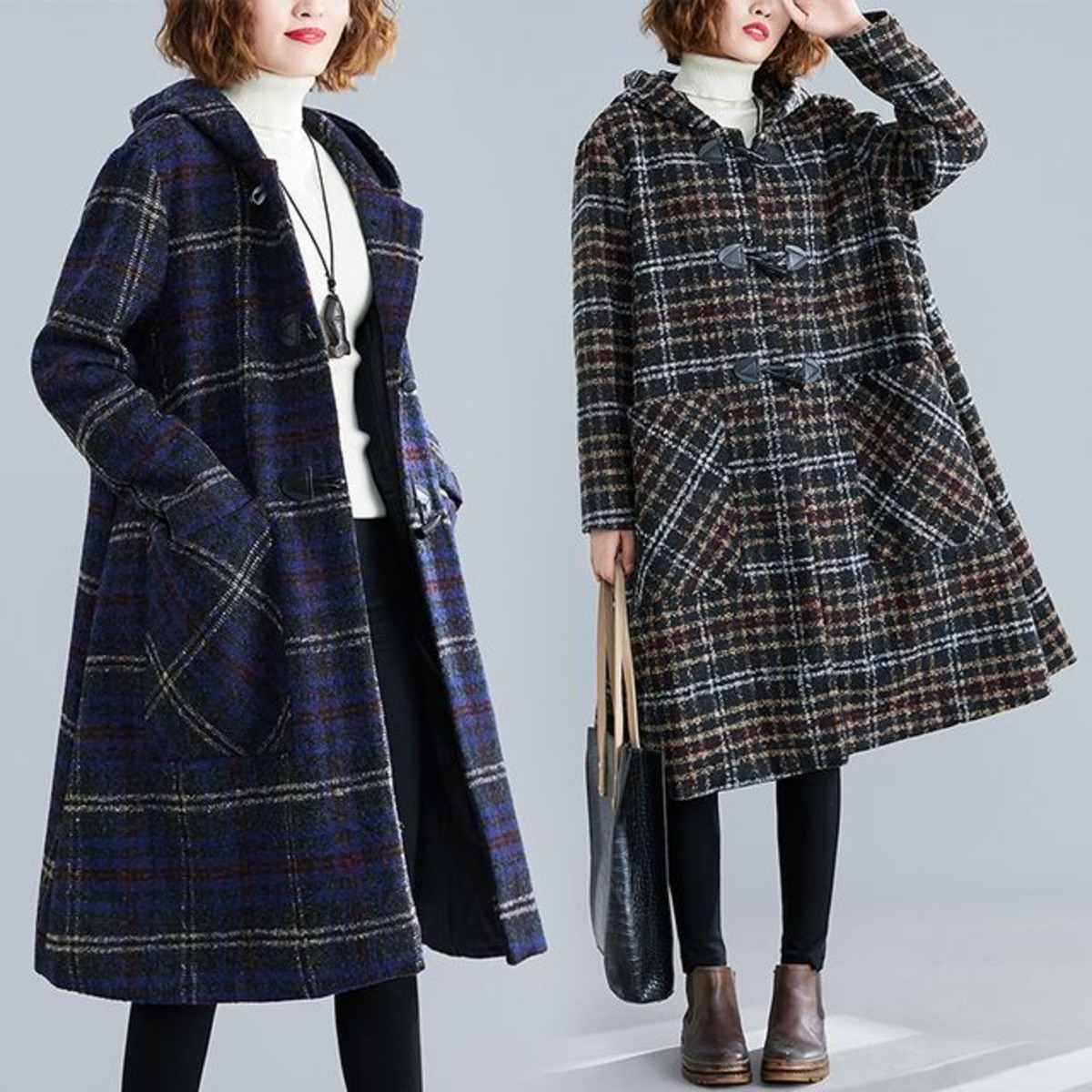 予約販売】ダッフルコート レディース チェック柄 ロング丈 フード付き 