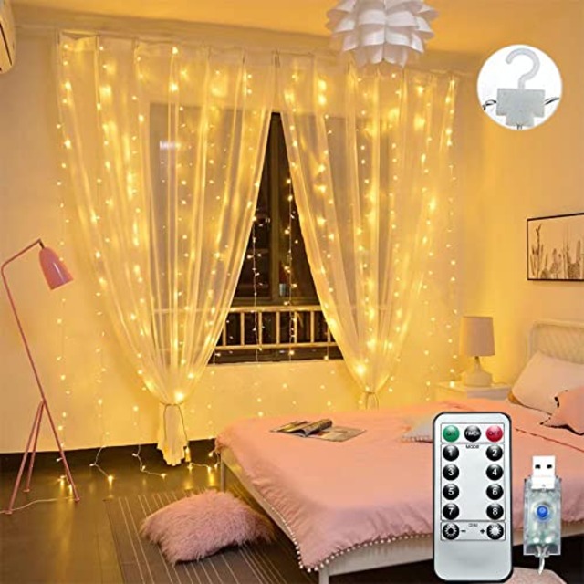 LED カーテンライト LEDイルミネーション 3M*3M 300枚LED USB式 LEDストリングスライト フック10個付き リモコン付属 8種類照明モード タイマー機能 使用簡単 防水防塵仕様 室内 屋外 フェアリーライト おしゃれ LED 電飾 カーテン飾りライト クリスマス/結婚式/誕生日/パーティー/新年/祝日/庭/広場/街路樹装飾(ウォームホワイト)