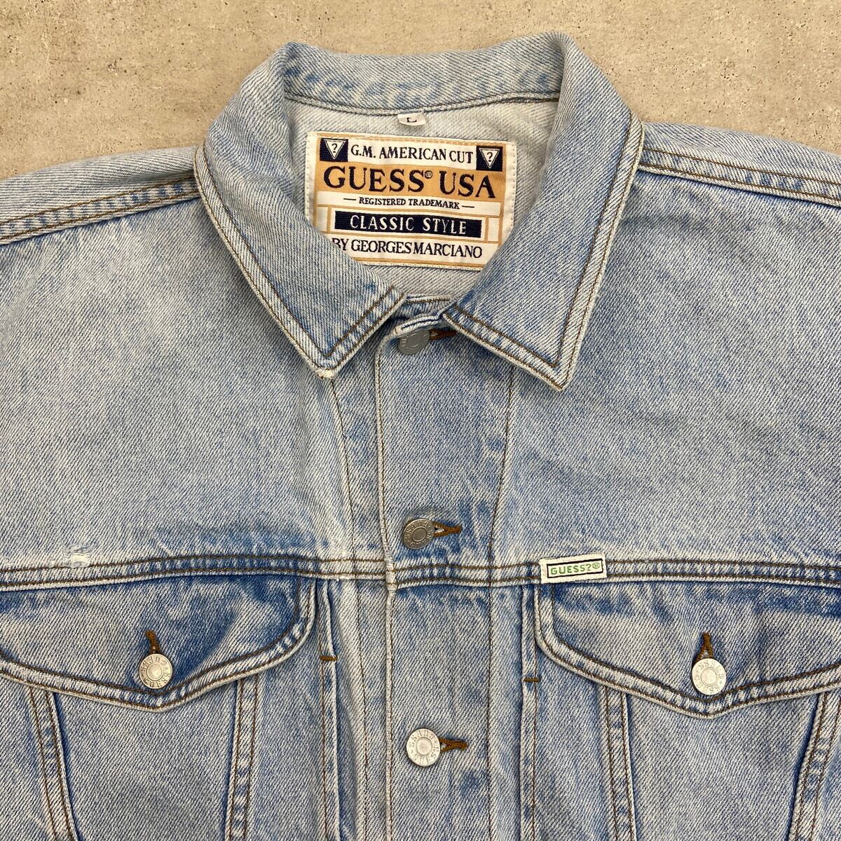 90年代 USA製 GUESS ワンポイントロゴ刺繍 デニムジャケット メンズXL