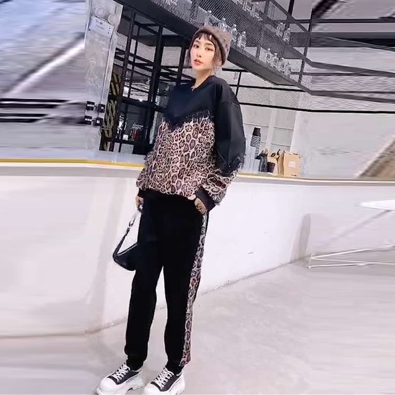 オータムスリムレースレオパードプリント柄セーター カジュアルパンツ スタイルセット 大きめサイズ 秋物 ミックスインファッション62555756226