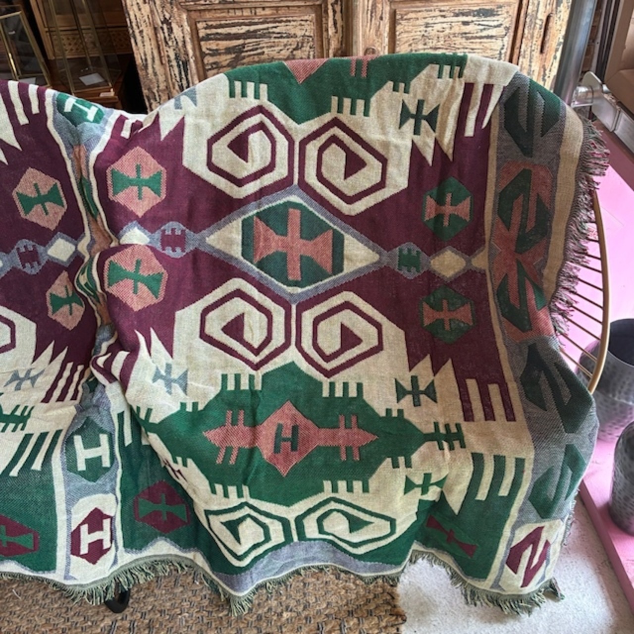 TOPANGA Homefurnishing Tribal throwket 　トライバルスローケット　130×180cm　K　グリーン　レッド　ソファカバー　ベッドカバー　ブランケット　カーテン