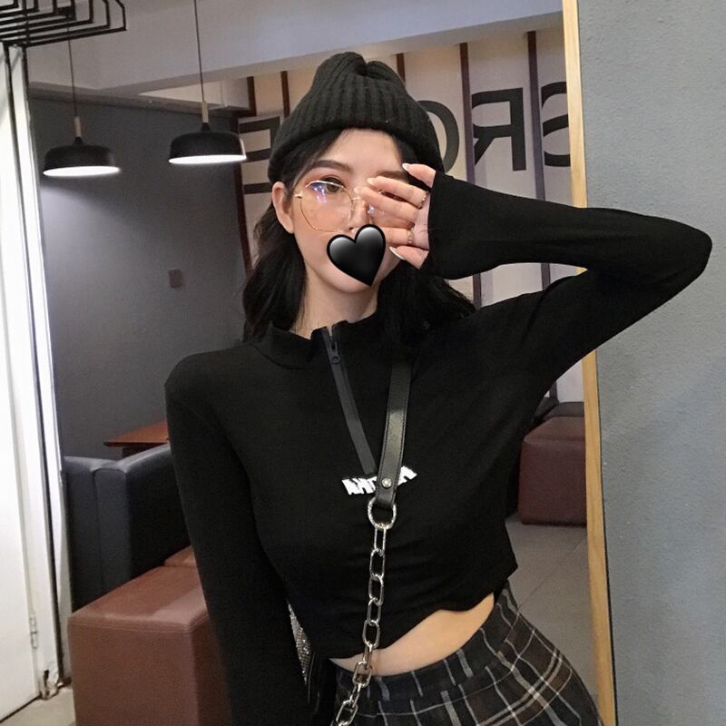 香港スタイルのパーソナライズされたジッパーミドルカラーレタープリントショートクロップトップシャツ2020夏のトレンドカジュアルTシャツ YY-ファッション98854499990