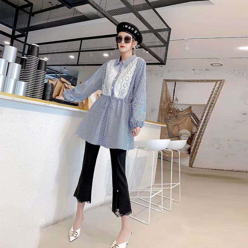 オータムストライプウェストシャツ スタイルスリムトップス ロング 大きめサイズ 秋物 ミックスインファッション30443713744