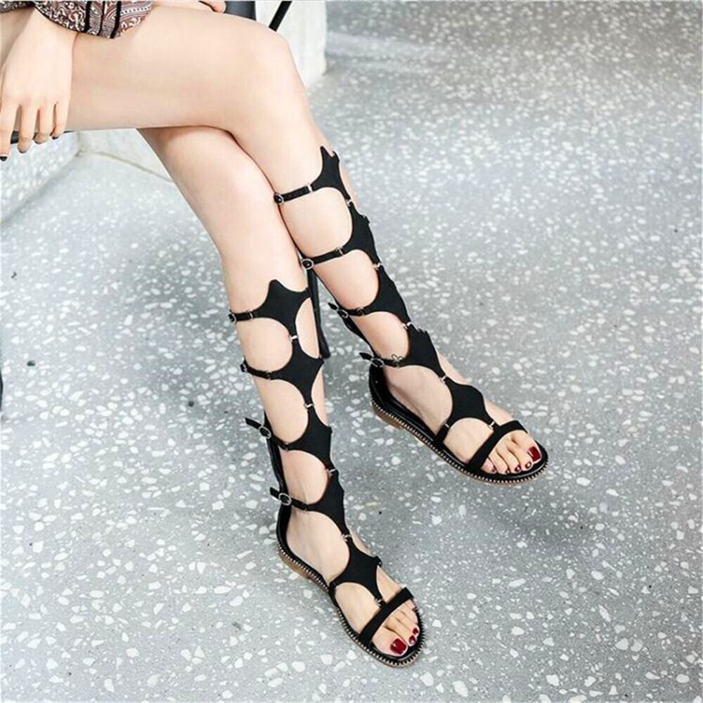 【新作】【送料無料】 セクシーなサマーレディラウンドヘッドフラットヒールサンダルブラックアプリコットメタルバックル装飾中空フラットサンダル女性サンダル 靴 シューズ 夏物 10b320784569121
