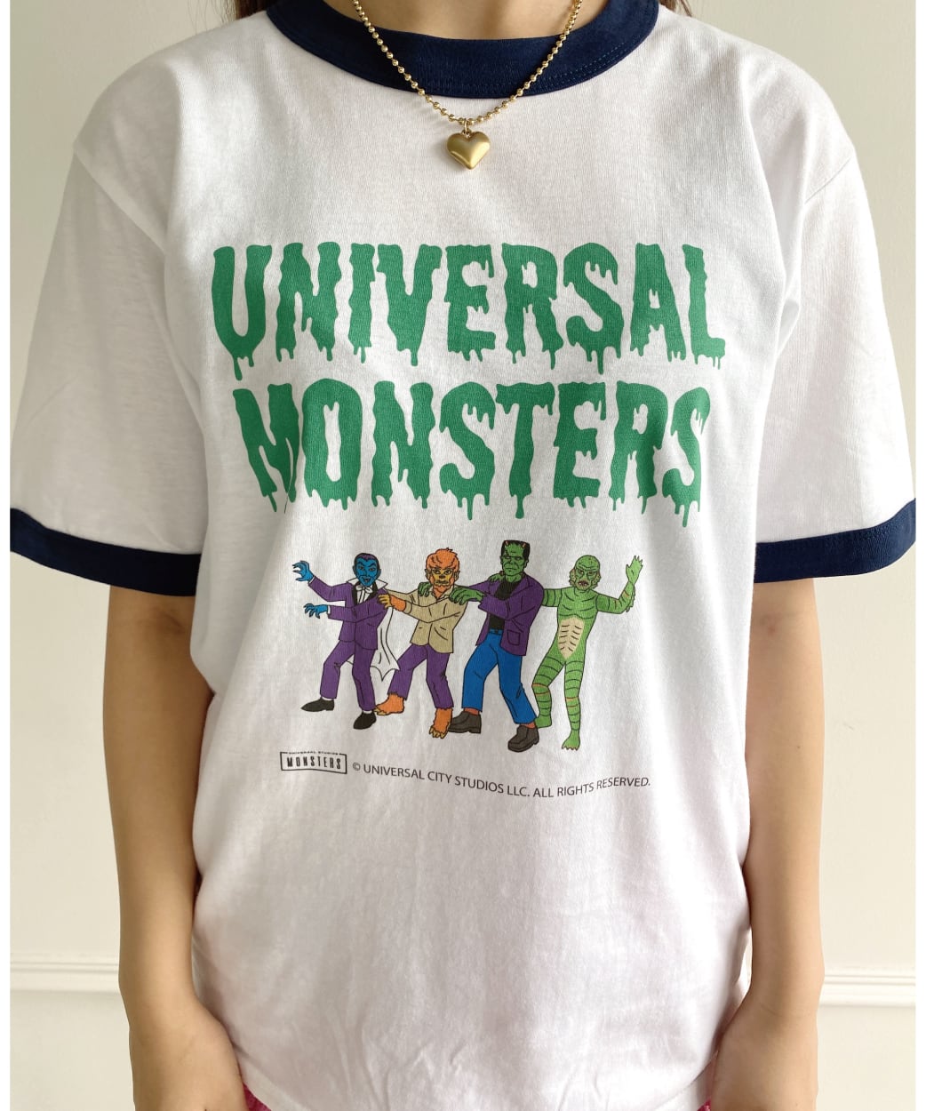 ユニバーサル・モンスターズ/リンガーTシャツ/ホワイト×ネイビー
