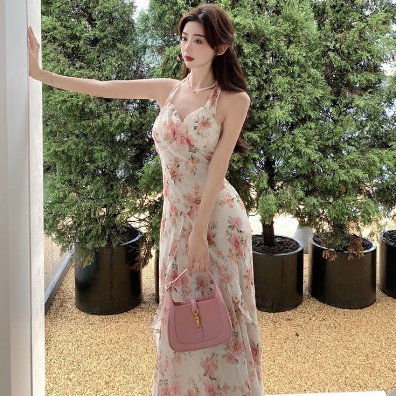 スタイルプリントミディスカート シフォンホルタードレス ピュア ハンチェンe92149145883