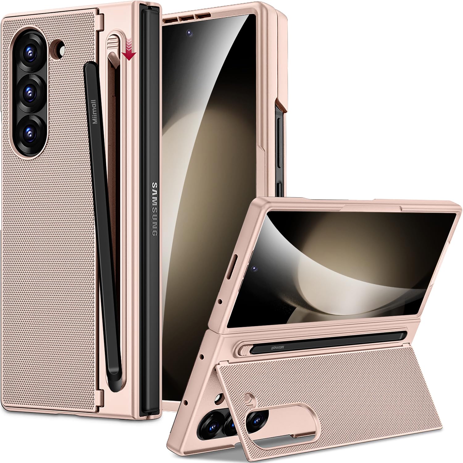 Miimall 対応 Galaxy Z Fold 5 ケース 隠れスタンド タッチペン付き ペン収納 ガラスフィルム一体型 ヒンジ保護 指紋防止 for Z Fold 5 Case 薄型 頑丈 耐衝撃 傷防止 滑り止め ワイヤレス充電対応 ギャラクシーZ フォールド5用全面保護カバー(ゴールド)
