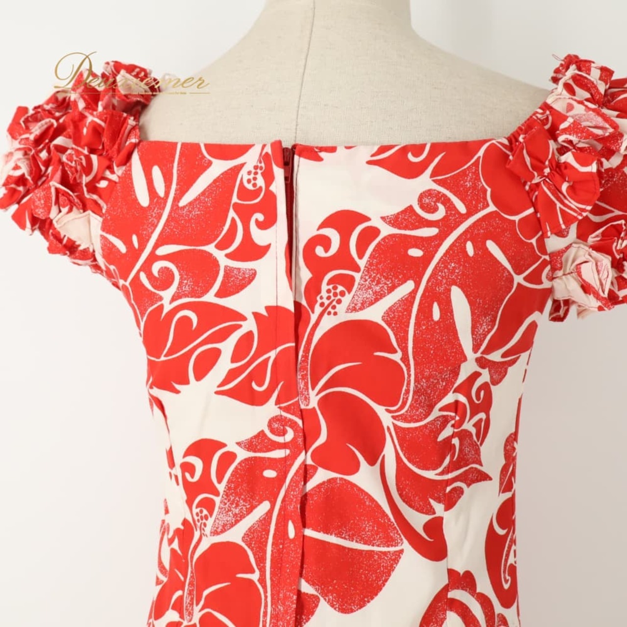 フラダンス 衣装 T&L MUUMUU FACTORY ムームーファクトリー ワンピース ドレス レッド系 ハイビスカス柄 花柄 植物柄 ハワイアンプリント ハワイアン アロハ フラ ダンス レッスン 練習 ハワイアンダンス ホワイト系 赤 白 フリル フレアスカート 練習着 レッスンウェア 華やか 鮮やか