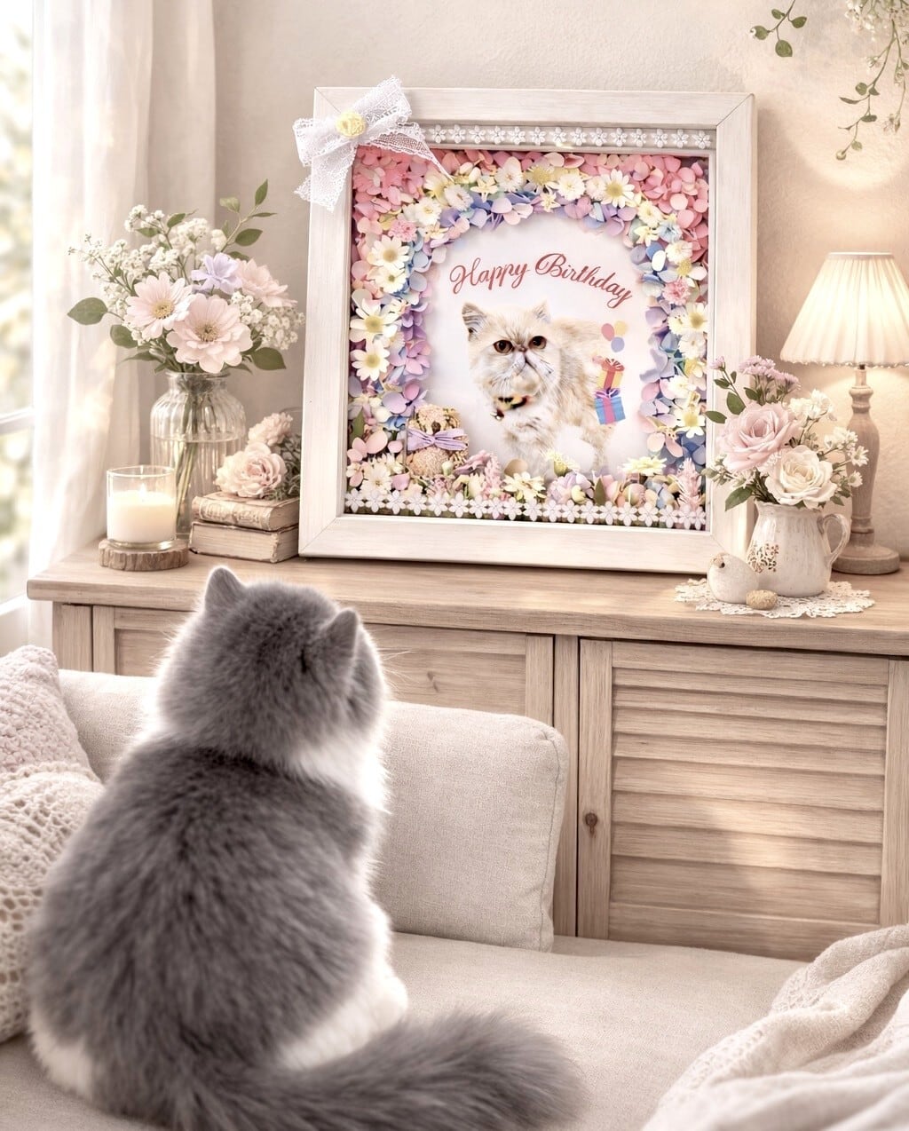 うちの子花束フラワーフレーム【PE-601】縦横21㎝│HappyBirthday｜ ペットちゃんお祝いフレーム｜ 木枠両面ガラスフレーム｜ 写真│メッセージ入り｜ バレンタイン│記念日│誕生日に