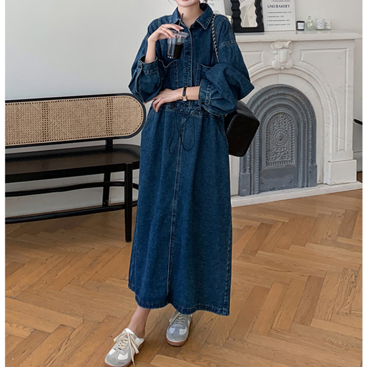 バルーンスリーブ マキシ丈 シャツワンピース Ln00070