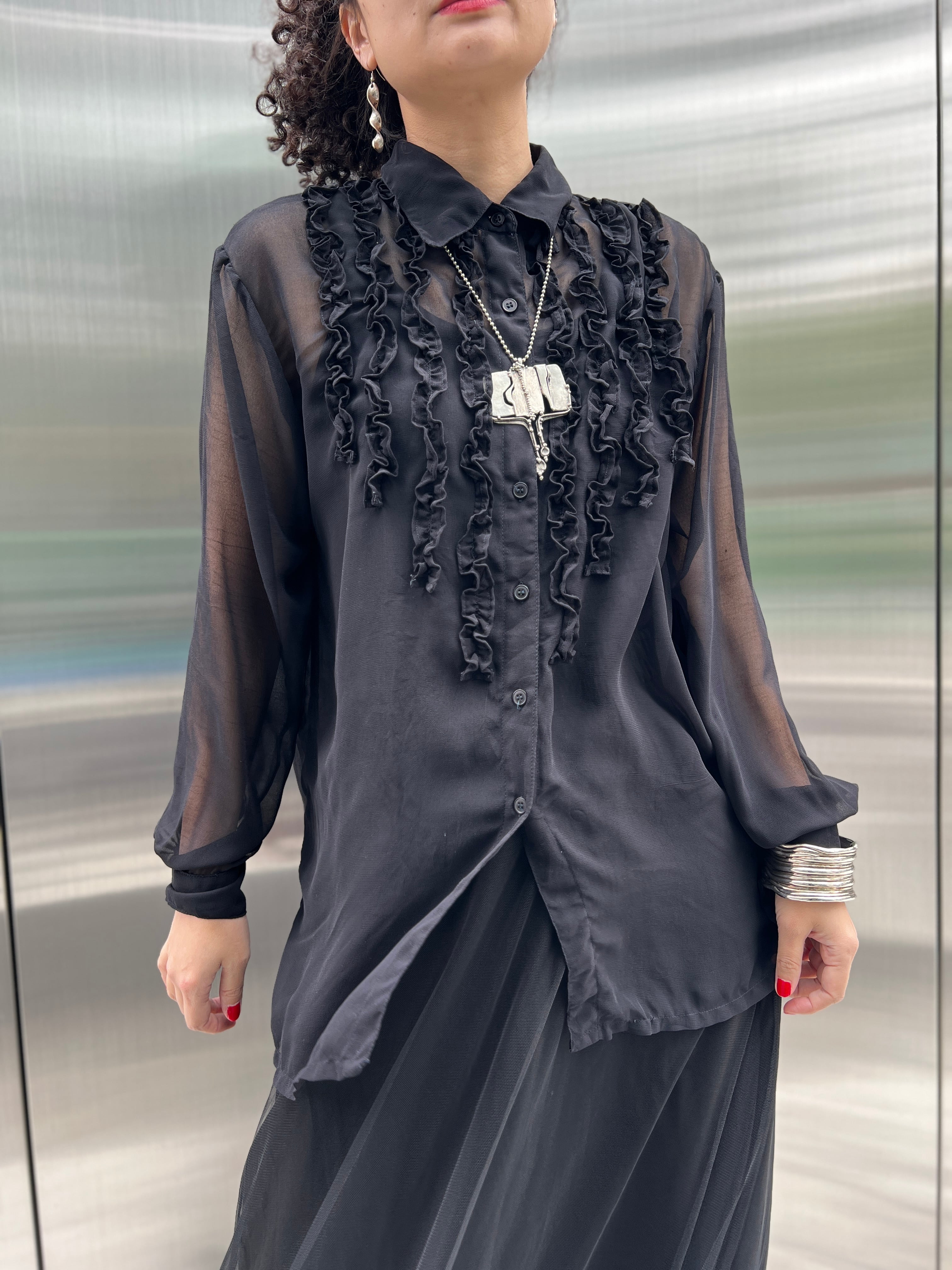 Vintage black sheer frilled blouse