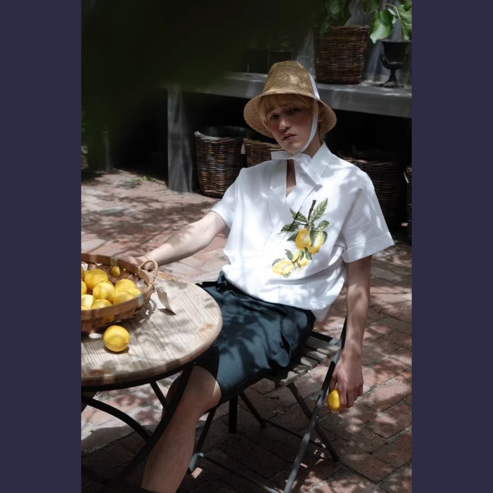 レモン刺繍コットンリネン半袖トップス【メンズ】 E00219 | EMMA GRAND