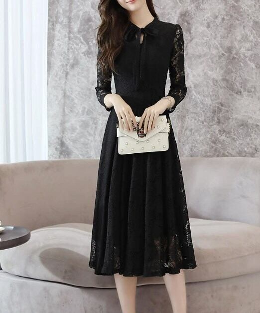 ドレス ミモレ丈ドレス ミモレ ミモレ丈 袖あり 長袖 ラウンドネック Aライン ハイウエスト かわいい 大人可愛い きれいめ シンプル 大人 上品 おしゃれ お洒落 大人可愛い 大人女子 ラブリー キュート ガーリー 個性的 クール セクシー エレガント 華やか 上品 お姫様 お嬢様 清楚 無地 20代 30代 レディース デート パーティー イベント レストラン 韓国 韓国系 オルチャン ファッション スタイル 二の腕カバー 春 秋 M L XL 2XL 3XL 黒