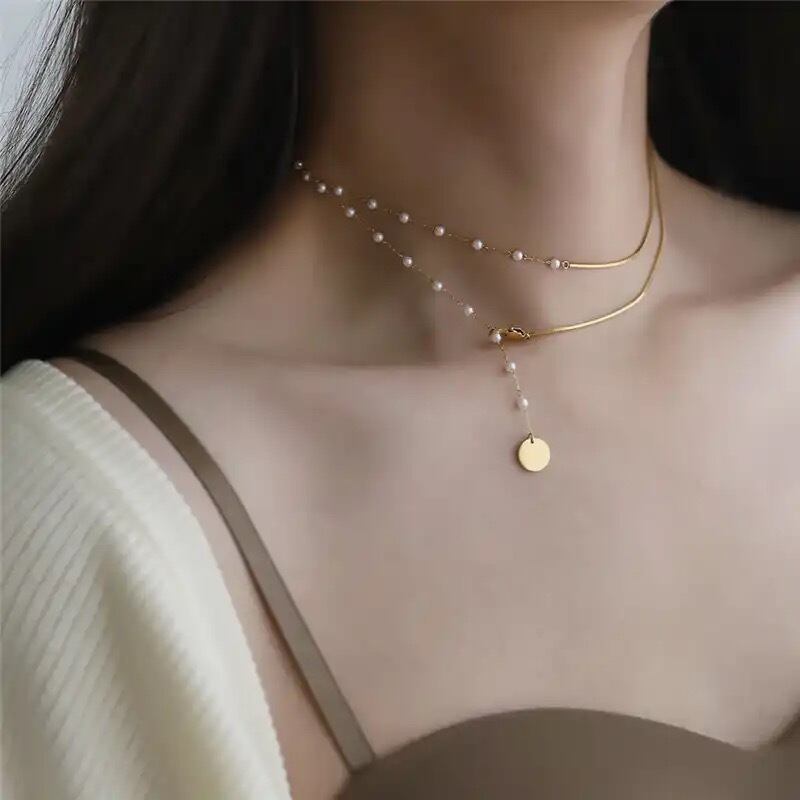 金アレ対応 316L gold pearl asymmetrical necklace (0328)