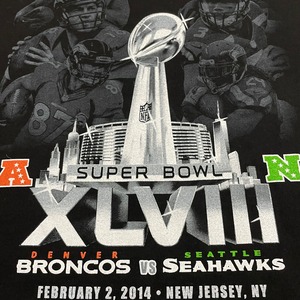 【AAA】NFL 2014 Super Bowl スーパーボウル プリント Tシャツ 両面プリント バックプリント 黒t 半袖 アメフト BRONCOS SEAHAWKS LARGE US古着