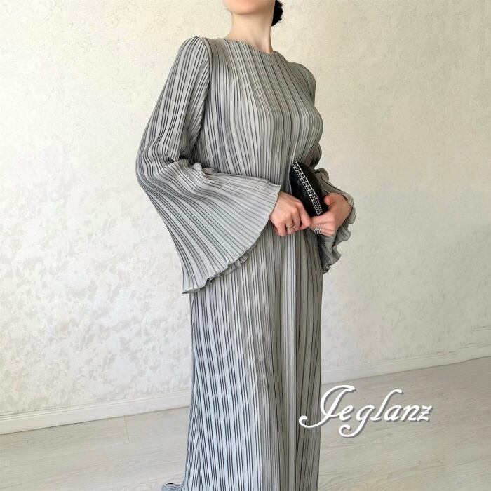 マキシ丈 プリーツ ワンピース ドレス 共ベルト 細見え 5色 (M7603)ζ