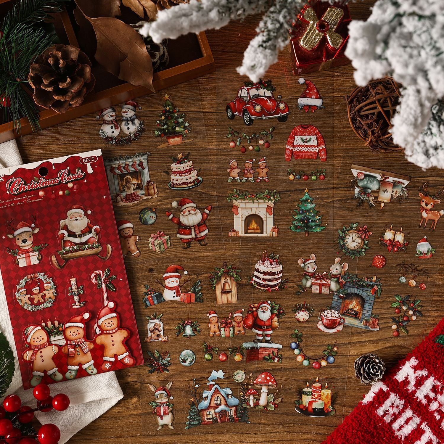 【クリスマス】シール PET素材 AB26 全4種  サンタ トナカイ ケーキ ツリー 冬 雪 動物 手帳 コラージュ素材 海外 ほぼ日