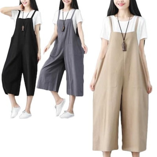サロペット リネン レディース サロペットワイドパンツ パンツ 薄手 オーバーオール 夏 ゆったりボトムス オールインワン 大きいサイズ 大きサイズ 九分丈 ハイウエスト ゆったり 無地
