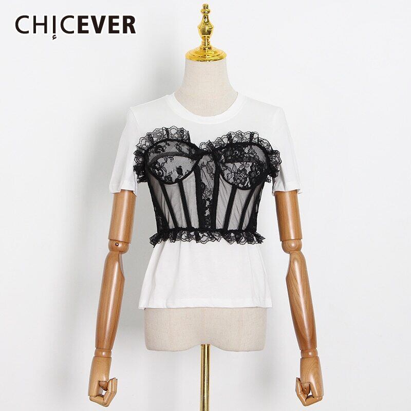 CHICEVERパッチワークレースTシャツ女性Oネック半袖メッシュヒットカラー黒と白のプラスサイズのTシャツ2020タイド ショート ホワイト ブラック ハーフスリーブ 大きめサイズ 6base574441217668
