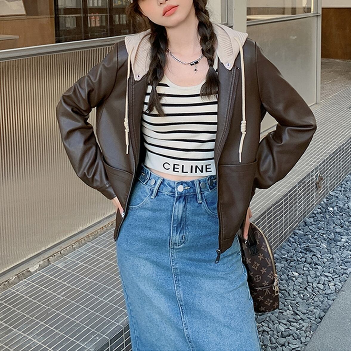 フード付きフェイクレザージャケット フーディドッキングレザー