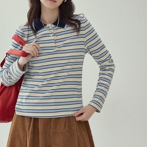 striped rib polo top with contrast collar