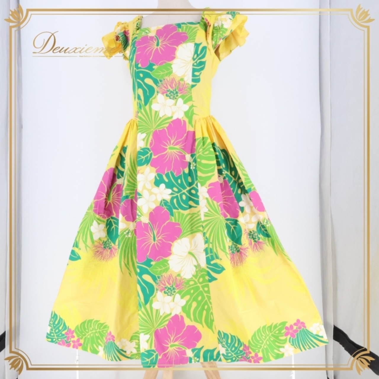 フラダンス 衣装 ワンピース ドレス マーメイドライン エムエムジェイ イエロー系 MermaidLine MMJ 日本製 ハイビスカス柄 モンステラ柄 フリル かわいい 華やか 鮮やか 明るい ハワイアン アロハ ハワイアンプリント フラ ダンス レッスン