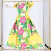 フラダンス 衣装 ワンピース ドレス マーメイドライン エムエムジェイ イエロー系 MermaidLine MMJ 日本製 ハイビスカス柄 モンステラ柄 フリル かわいい 華やか 鮮やか 明るい ハワイアン アロハ ハワイアンプリント フラ ダンス レッスン