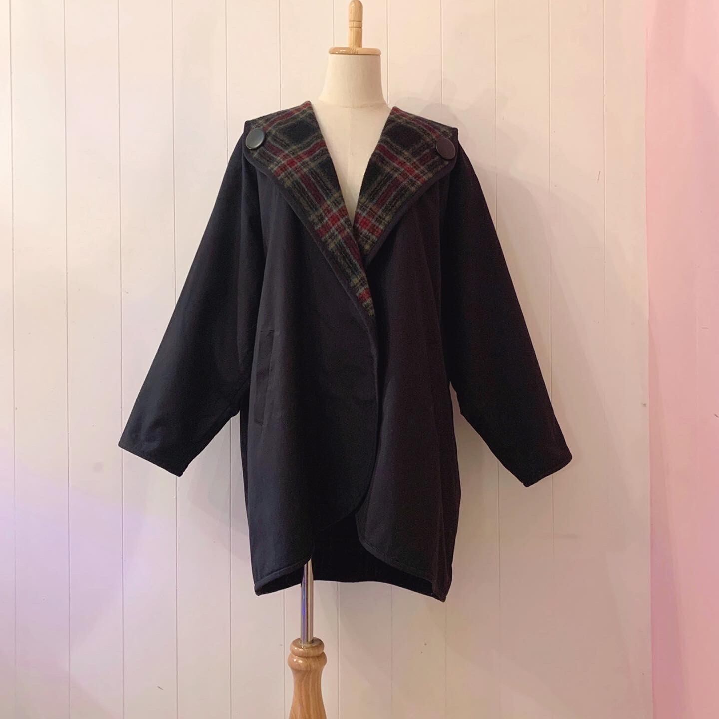 big button check hooded coat