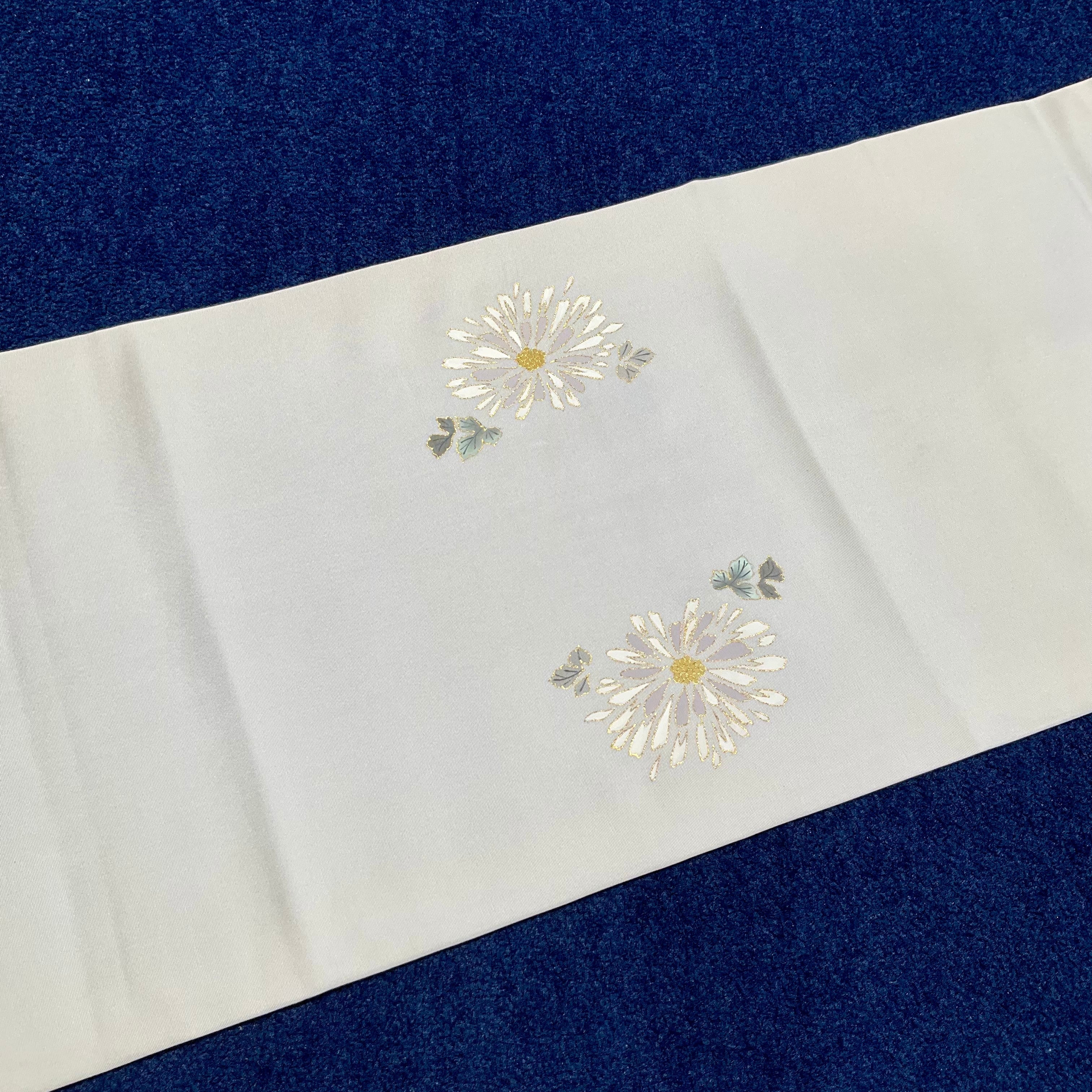 Moonlit Ivory＊染め帯 花 グレーホワイト 塩瀬帯 名古屋帯 B545