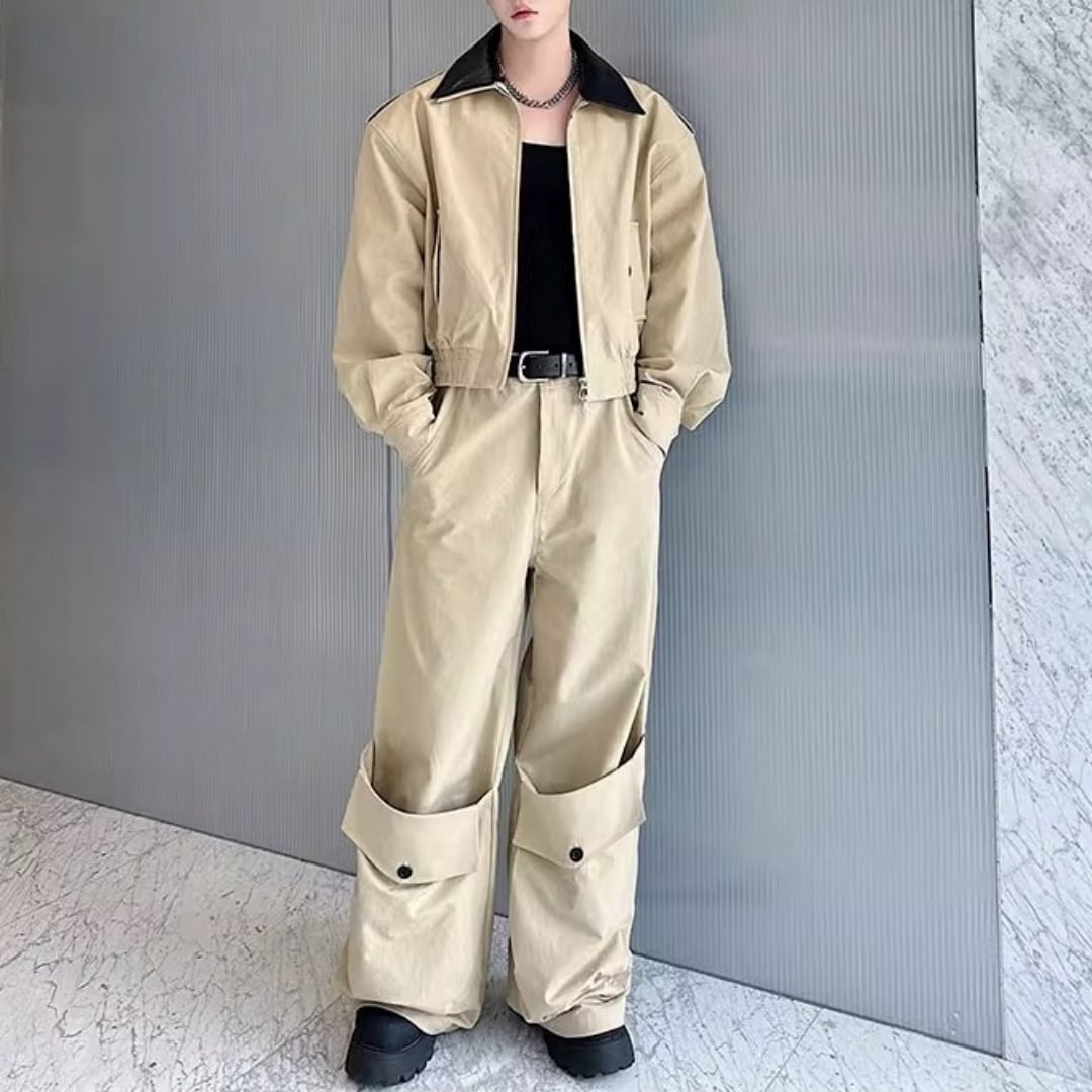 レザー切替 ショート丈ジャケット&ボリュームカーゴパンツセットアップ 2カラー D12122