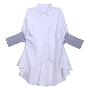 PEARL TRIMMED RIBBED SLEEVES SHIRT 2colors M-3193