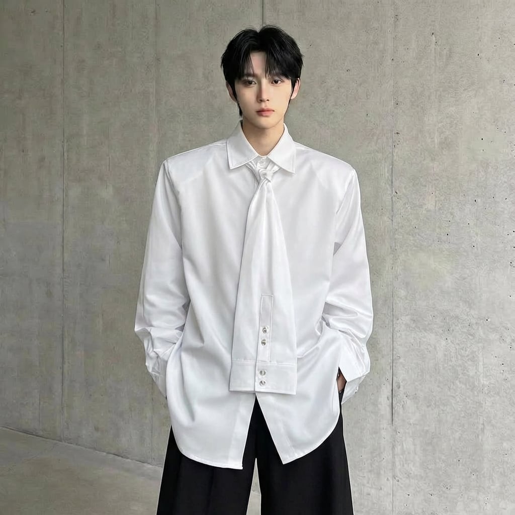 ネクタイ装飾デザイン長袖シャツ 2カラー D11882