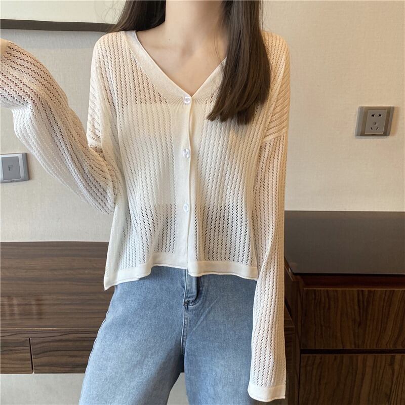 ホワイトサマーブラウス ルーズニットカーディガンVネックジャケット ロング 夏物 1号婦人48531999879
