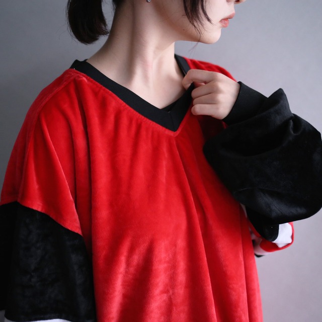 switching design XXXL super over size velours v-neck pullover