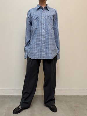 BL13-1 USED Ralph Lauren CHECK WESTRN SHIRT "L" -BLUE-