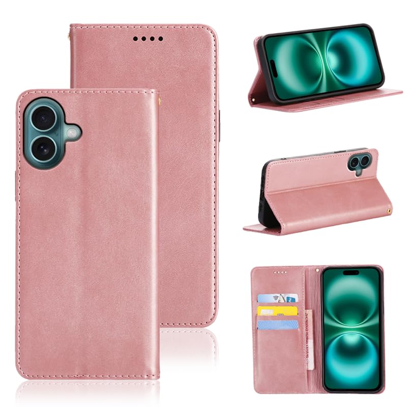 に適用するiPhone 16 Plus ケース 手帳型 じゅんしょく 高級PU肌感レザー TPUインナーシェル カード収納 人気 ストラップホール付き スタンド機能 マグネット式 手触りが良い 耐衝撃 耐摩擦 全面保護財布携帯電話ホルダーバンプパターンテクスチャ耐久性摩擦耐性携帯電話ケース男性と女性に適した多色オプション (ローズゴールド)