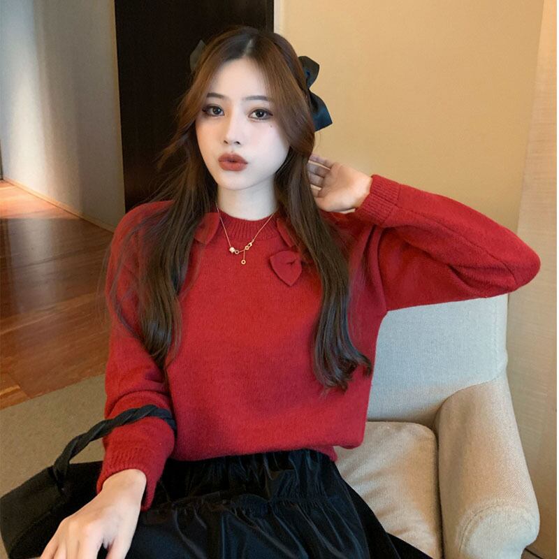 セーター レッドトップス スプリングシャツ リボン 春物 ブラックストロベリース25901220145