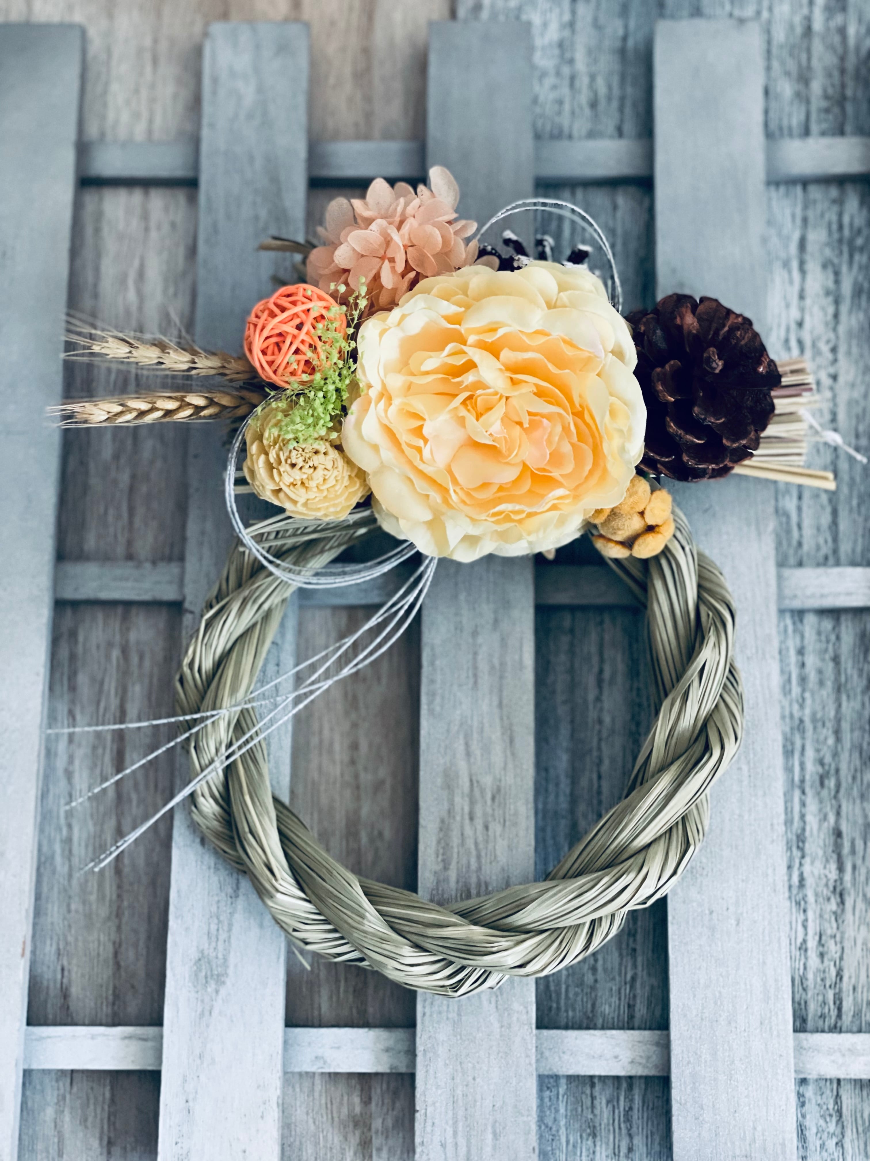 ☸大輪イエローローズの謹賀新年正月飾り しめ縄リース 花飾り☆謹賀