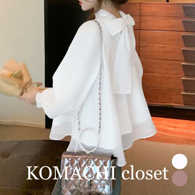 【即納】【送料無料】 バックリボンシフォンブラウス レディース ふんわり パフスリーブ フェミニンブラウス ゆったりオーガンジーブラウス きれいめ 女子会 長袖ブラウス 前後2way 春秋夏 フォーマルトップス オフィスカジュアル 体型カバー シャツ